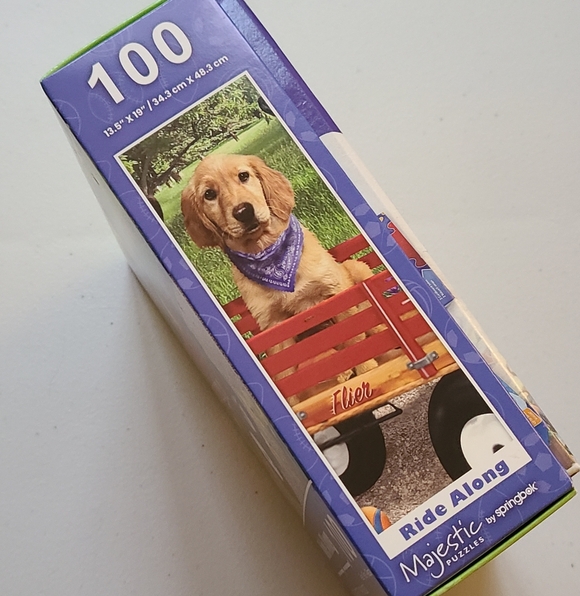 Ride Along ~ Black & Yellow Labrador Dogs In Red Wagon Butterfly Puzzle 100 Pcs. - Picture 2 of 5
